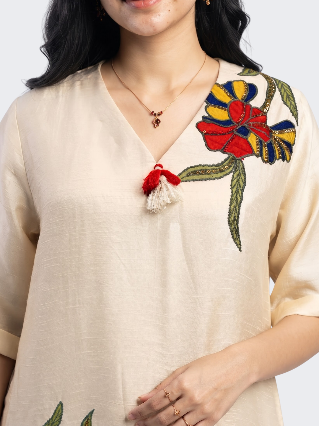 Beige Raw Silk Indo Western with Sequins, Pearl and Applique Embroidery 3