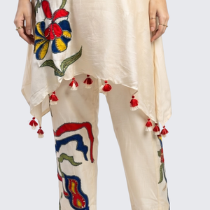 Beige Raw Silk Indo Western with Sequins, Pearl and Applique Embroidery 5