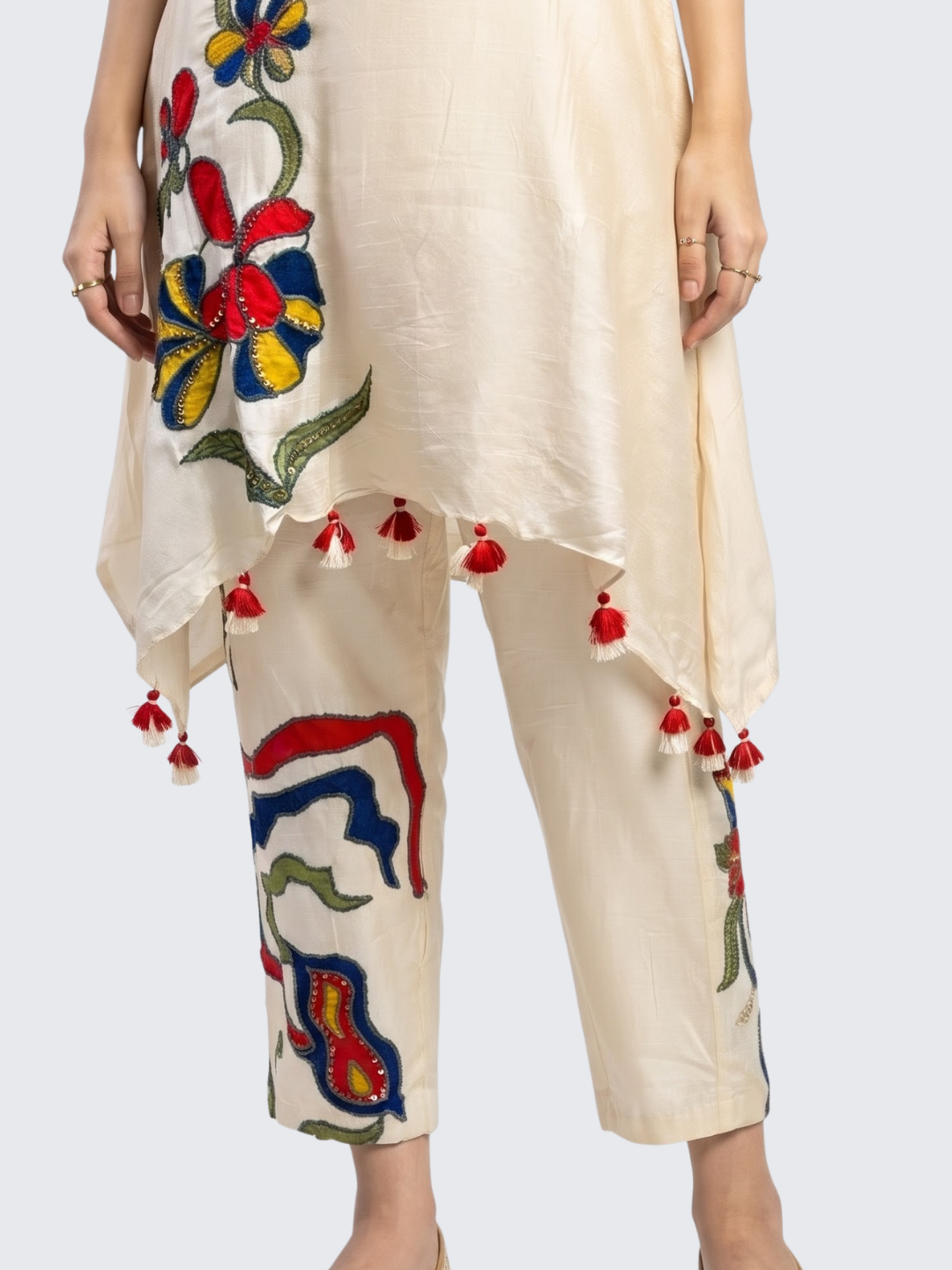 Beige Raw Silk Indo Western with Sequins, Pearl and Applique Embroidery 5