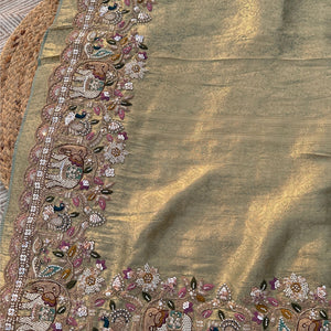 Green Brocade Unstitched Saree Embellished With Moti, Sequins, Cutdana, Thread& Jarkan Work