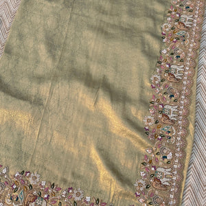 Green Brocade Unstitched Saree Embellished With Moti, Sequins, Cutdana, Thread& Jarkan Work