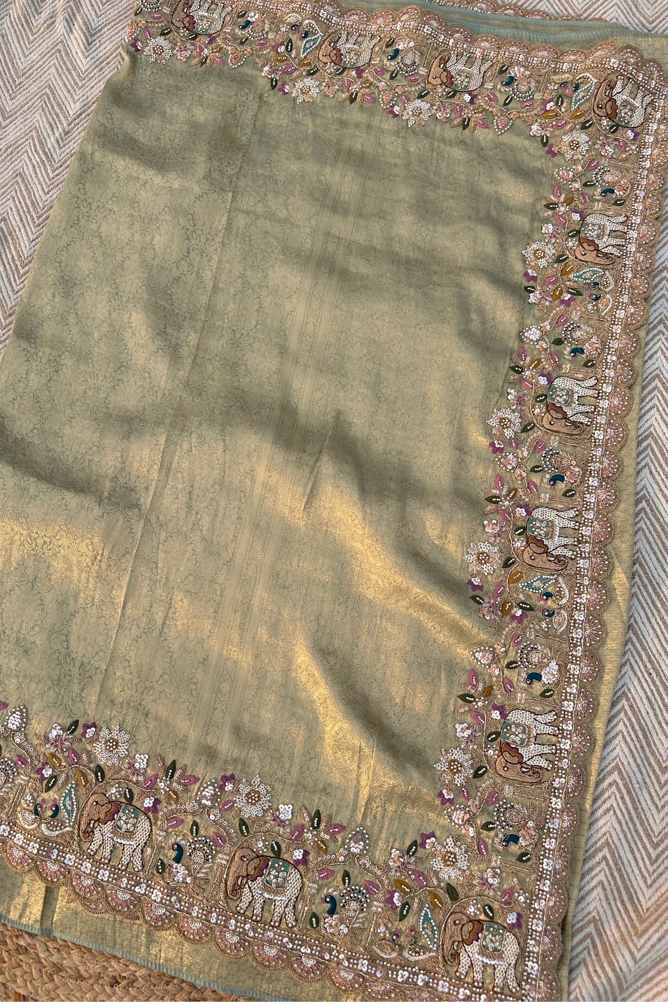 Green Brocade Unstitched Saree Embellished With Moti, Sequins, Cutdana, Thread& Jarkan Work