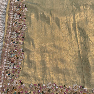 Green Brocade Unstitched Saree Embellished With Moti, Sequins, Cutdana, Thread& Jarkan Work