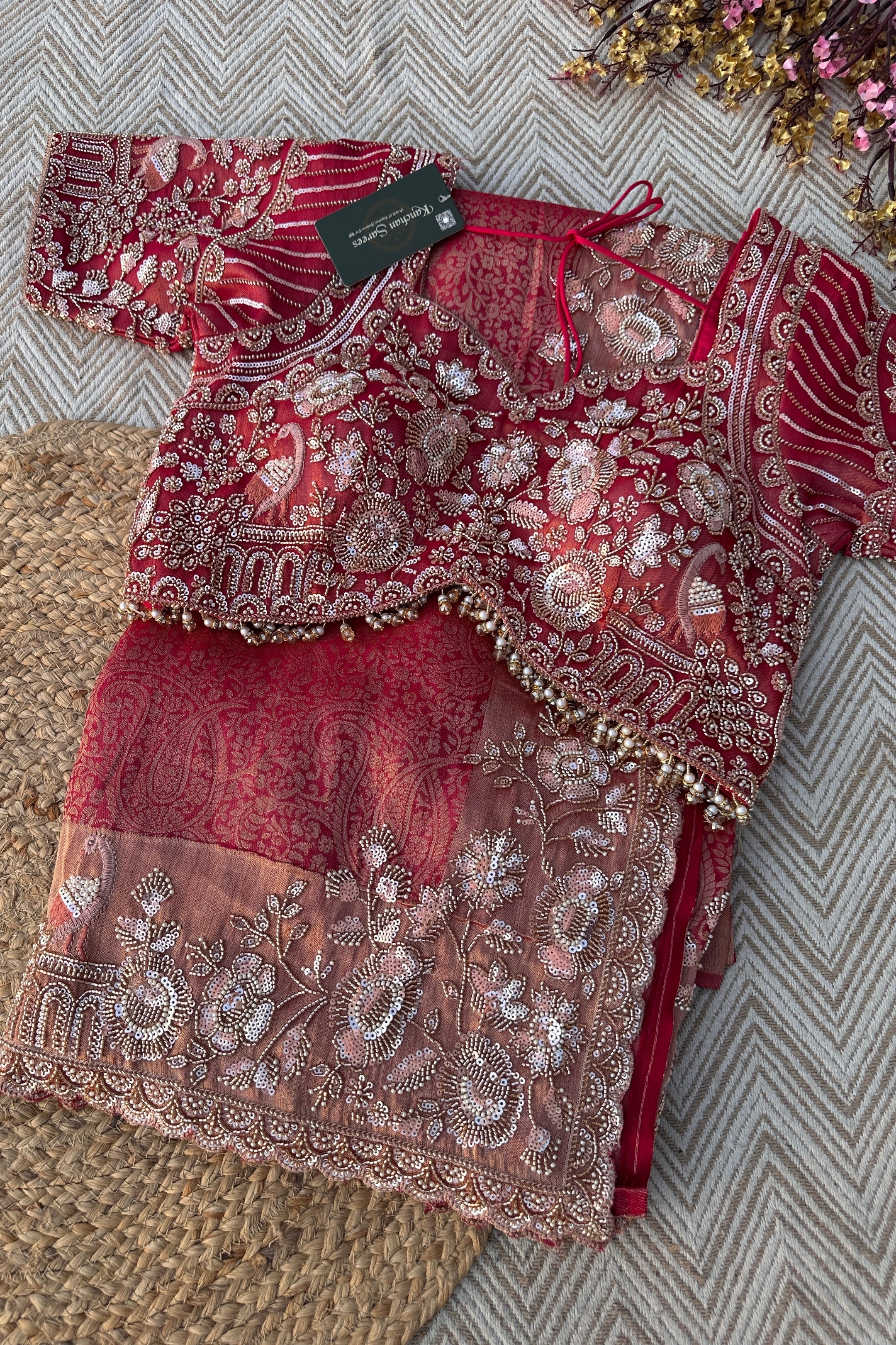 Fuchsia Tissue Saree Embellished With Cutdana, Sequins & Moti work