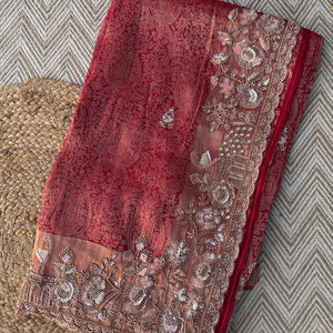 Fuchsia Tissue Saree Embellished With Cutdana, Sequins & Moti work