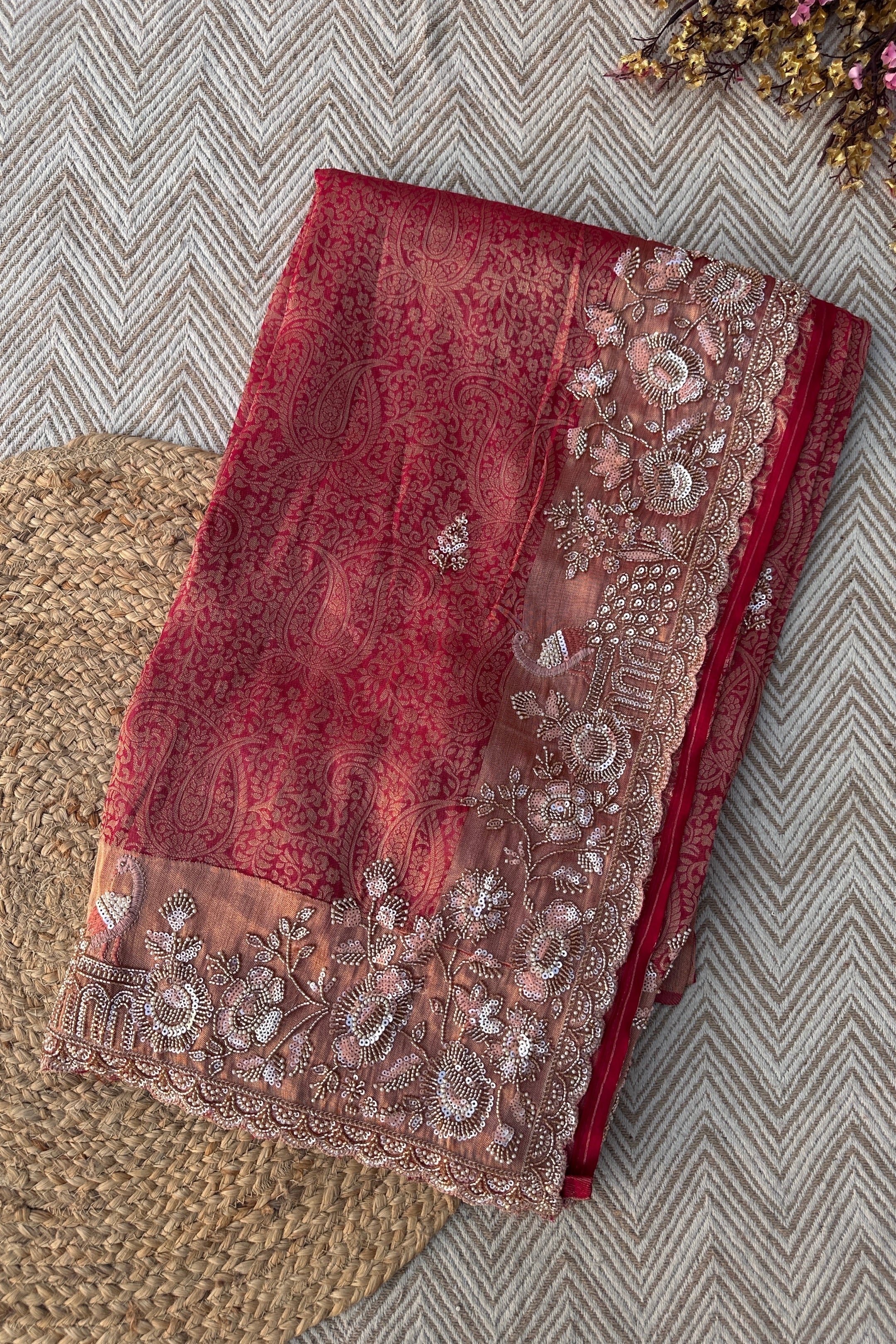 Fuchsia Tissue Saree Embellished With Cutdana, Sequins & Moti work