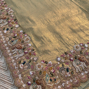 Green Brocade Unstitched Saree Embellished With Moti, Sequins, Cutdana, Thread& Jarkan Work