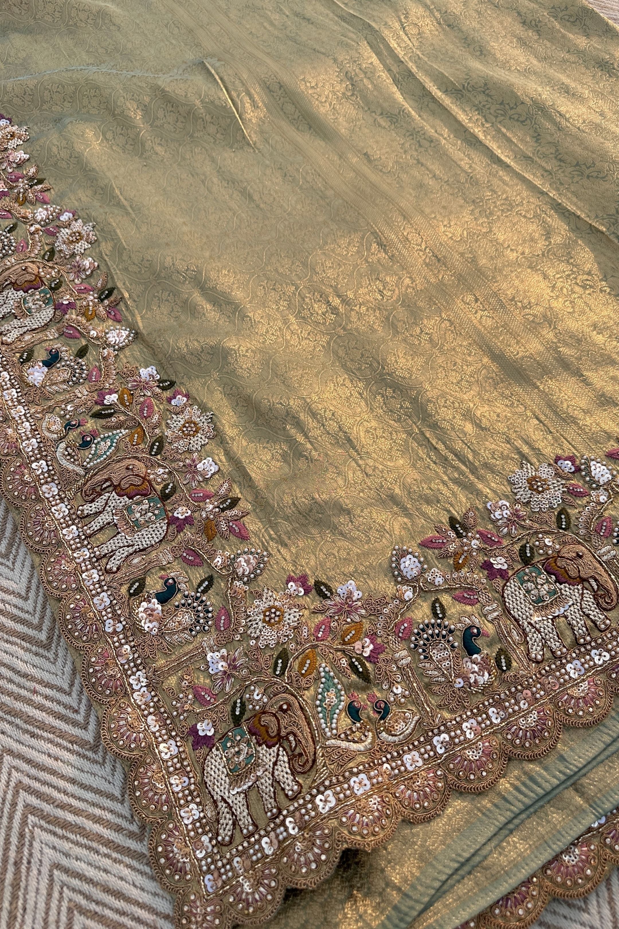 Green Brocade Unstitched Saree Embellished With Moti, Sequins, Cutdana, Thread& Jarkan Work