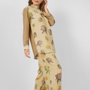 Beige Linen Indo Western with Mirror and Printed Embroidery 1