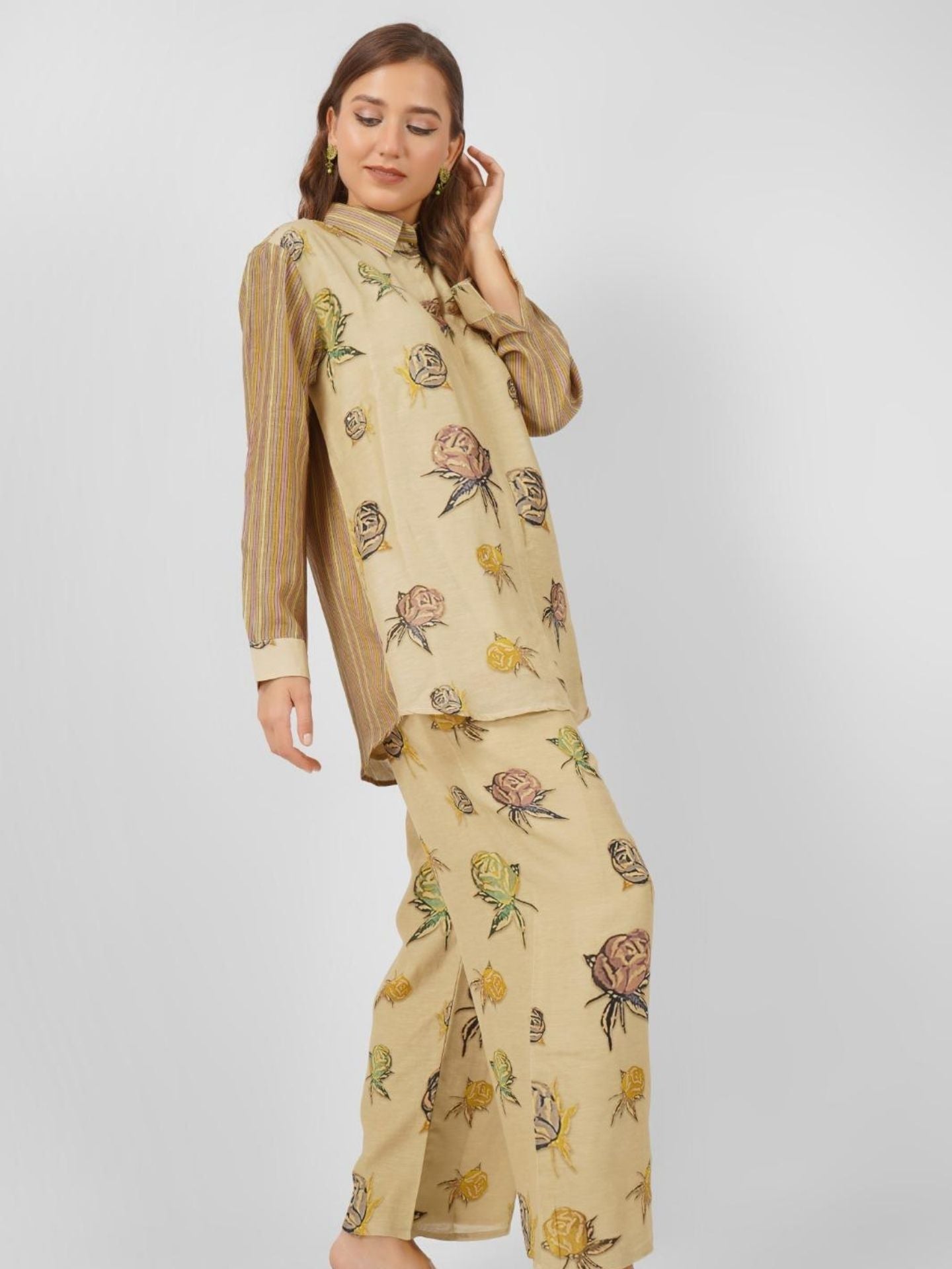 Beige Linen Indo Western with Mirror and Printed Embroidery 1