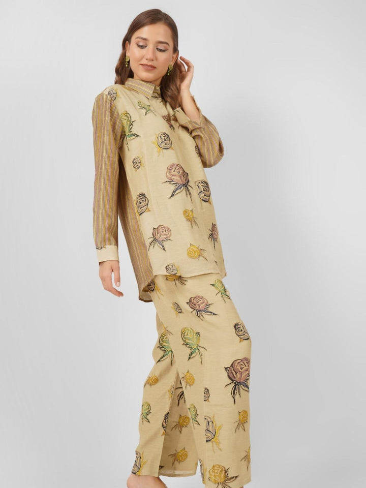 Beige Linen Indo Western with Mirror and Printed Embroidery 1