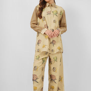 Beige Linen Indo Western with Mirror and Printed Embroidery 2