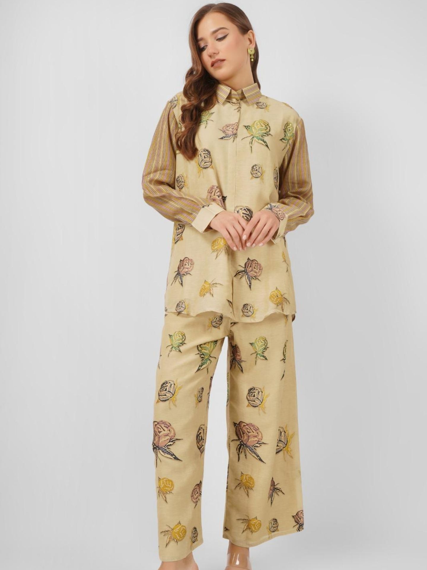 Beige Linen Indo Western with Mirror and Printed Embroidery 2