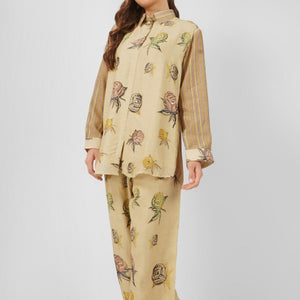 Beige Linen Indo Western with Mirror and Printed Embroidery 4