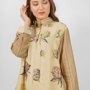 Beige Linen Indo Western with Mirror and Printed Embroidery 5