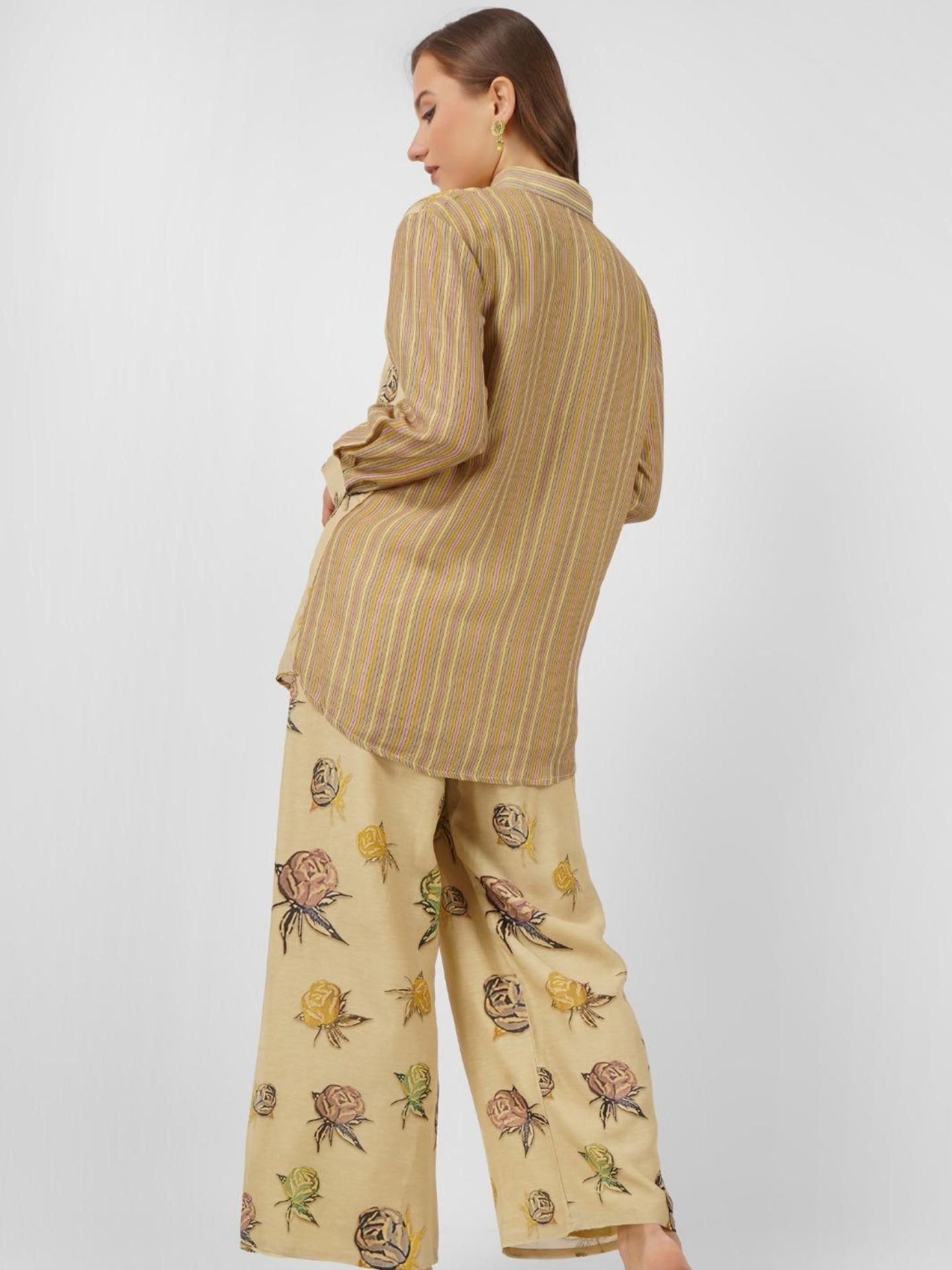 Beige Linen Indo Western with Mirror and Printed Embroidery 6