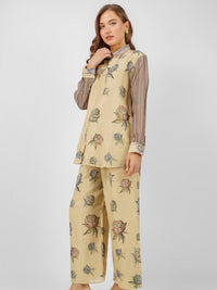 Grey Linen Indo Western with Mirror and Printed Embroidery