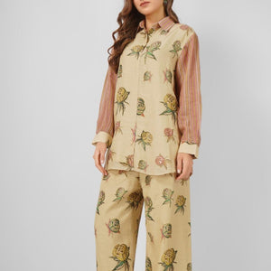 Peach Linen Indo Western with Mirror and Printed Embroidery 1