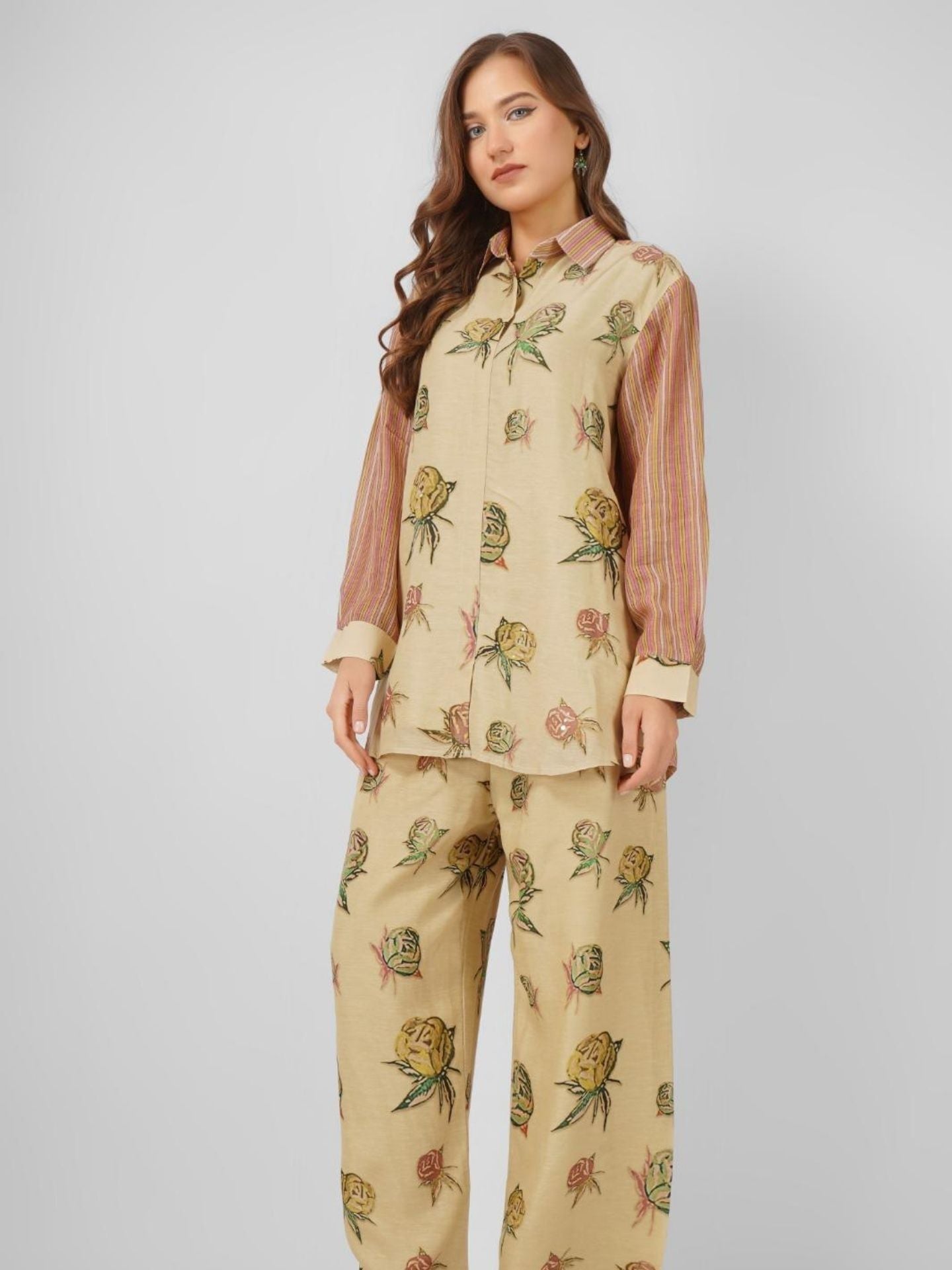 Peach Linen Indo Western with Mirror and Printed Embroidery 1