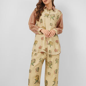 Peach Linen Indo Western with Mirror and Printed Embroidery 4