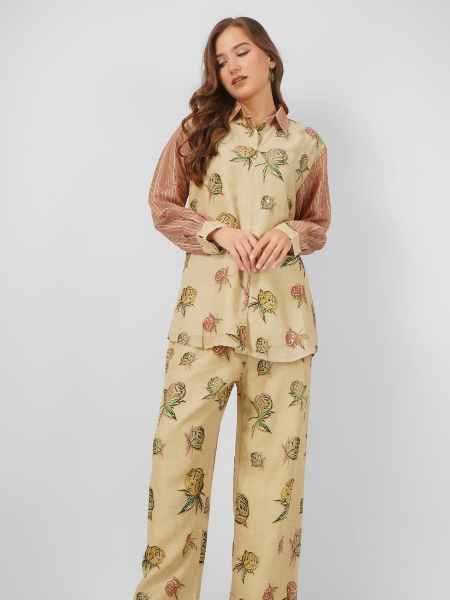 Peach Linen Indo Western with Mirror and Printed Embroidery 4