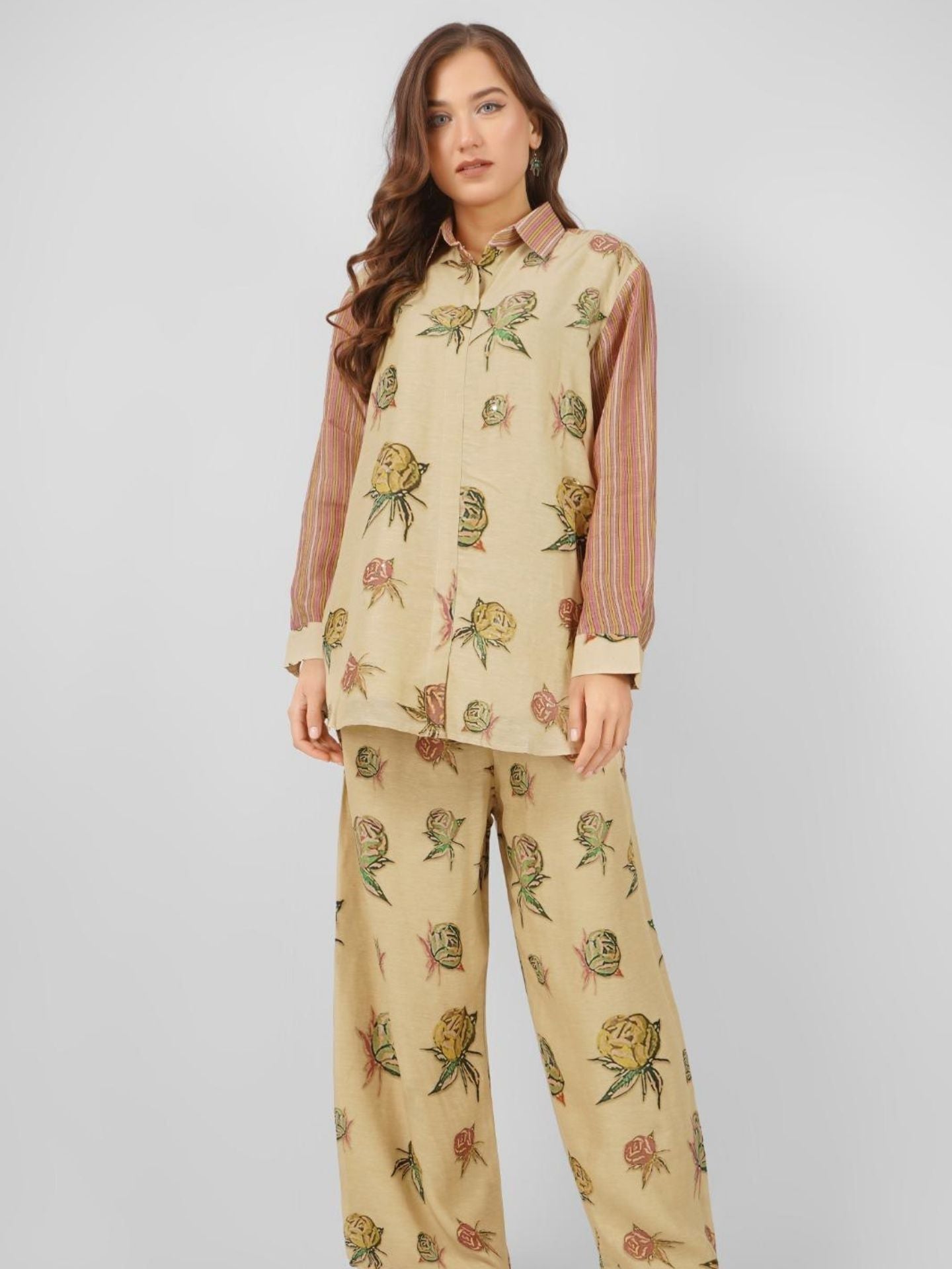 Peach Linen Indo Western with Mirror and Printed Embroidery 5
