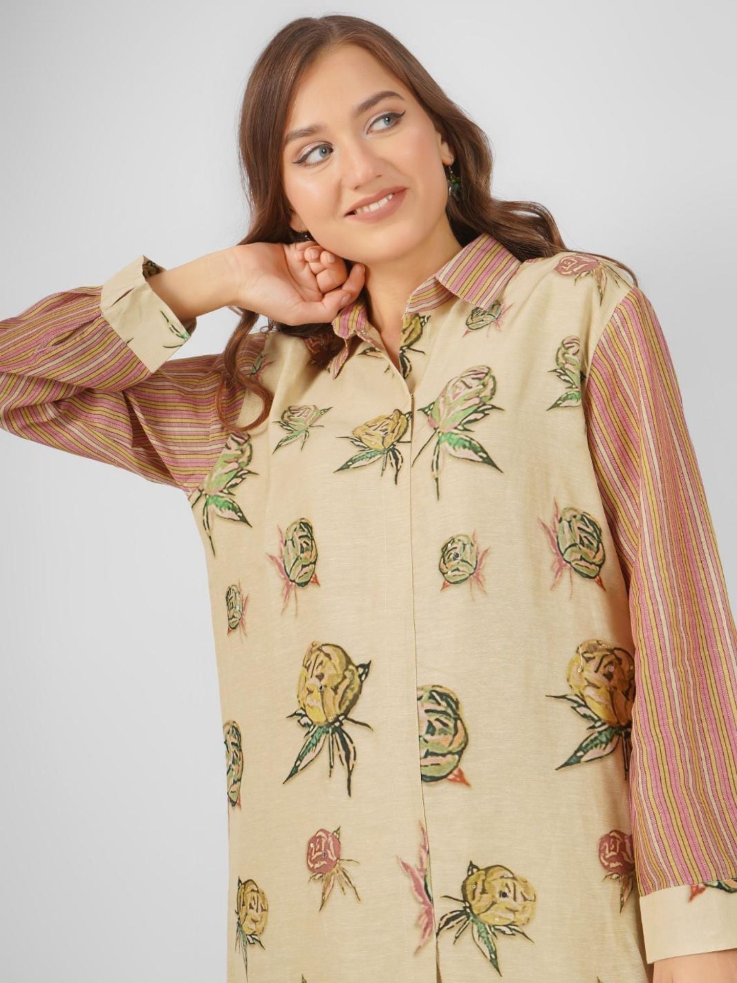 Peach Linen Indo Western with Mirror and Printed Embroidery 6