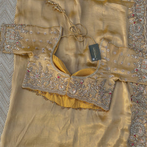 Golden Tissue Saree Embellished With Moti, Zari, Sequins & Cut Dana Work