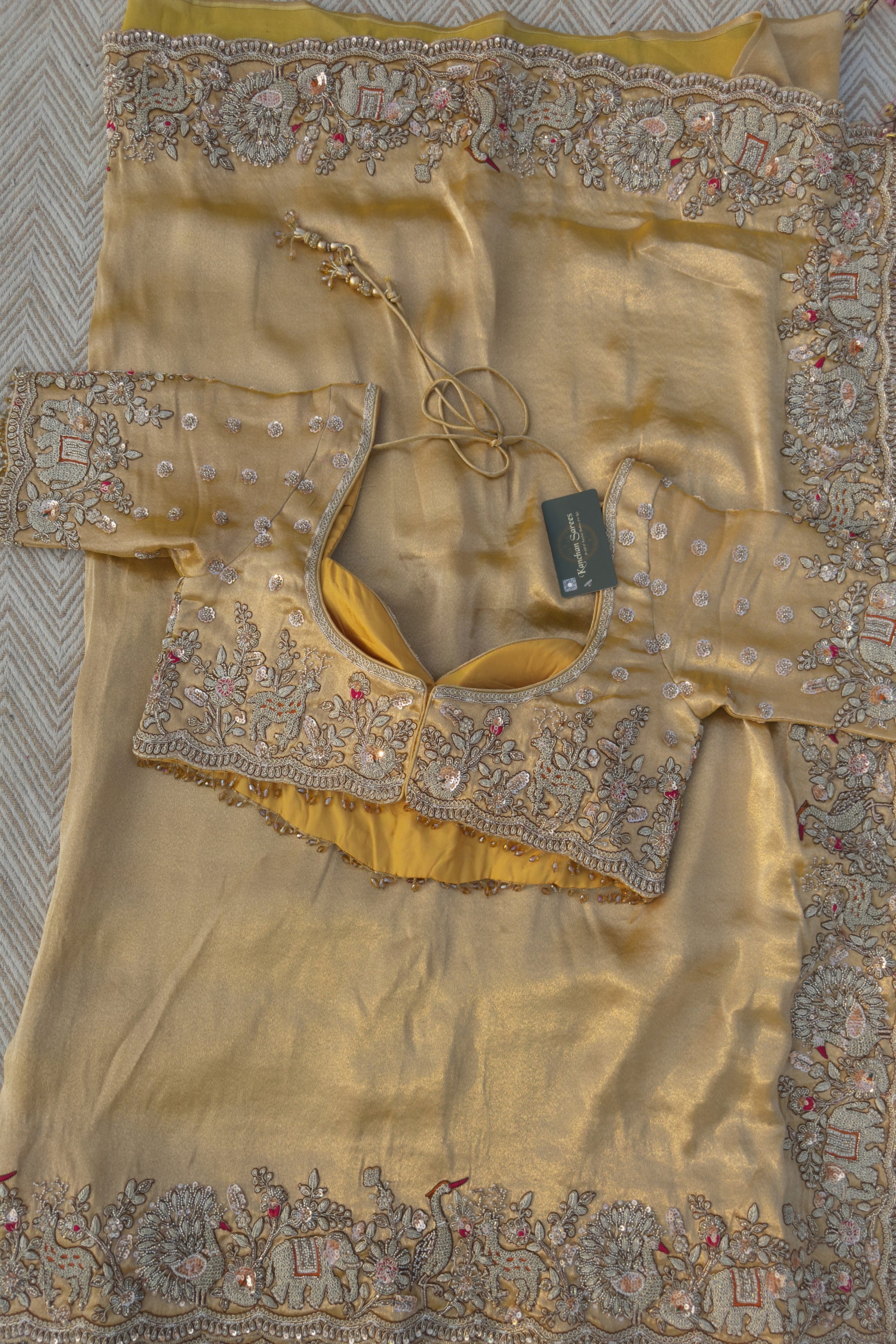 Golden Tissue Saree Embellished With Moti, Zari, Sequins & Cut Dana Work