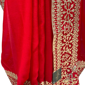 Beautiful Red Raw Silk Saree Trimmed With Leather Patch Work