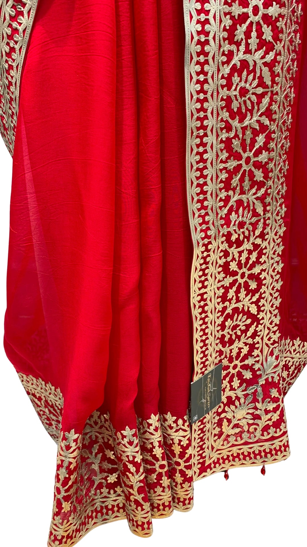 Beautiful Red Raw Silk Saree Trimmed With Leather Patch Work