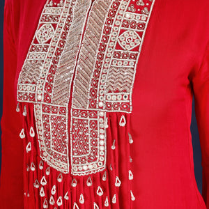 Red Chinon Peplum Suit Set with Cutdana, Sequins and Pearl Embroidery