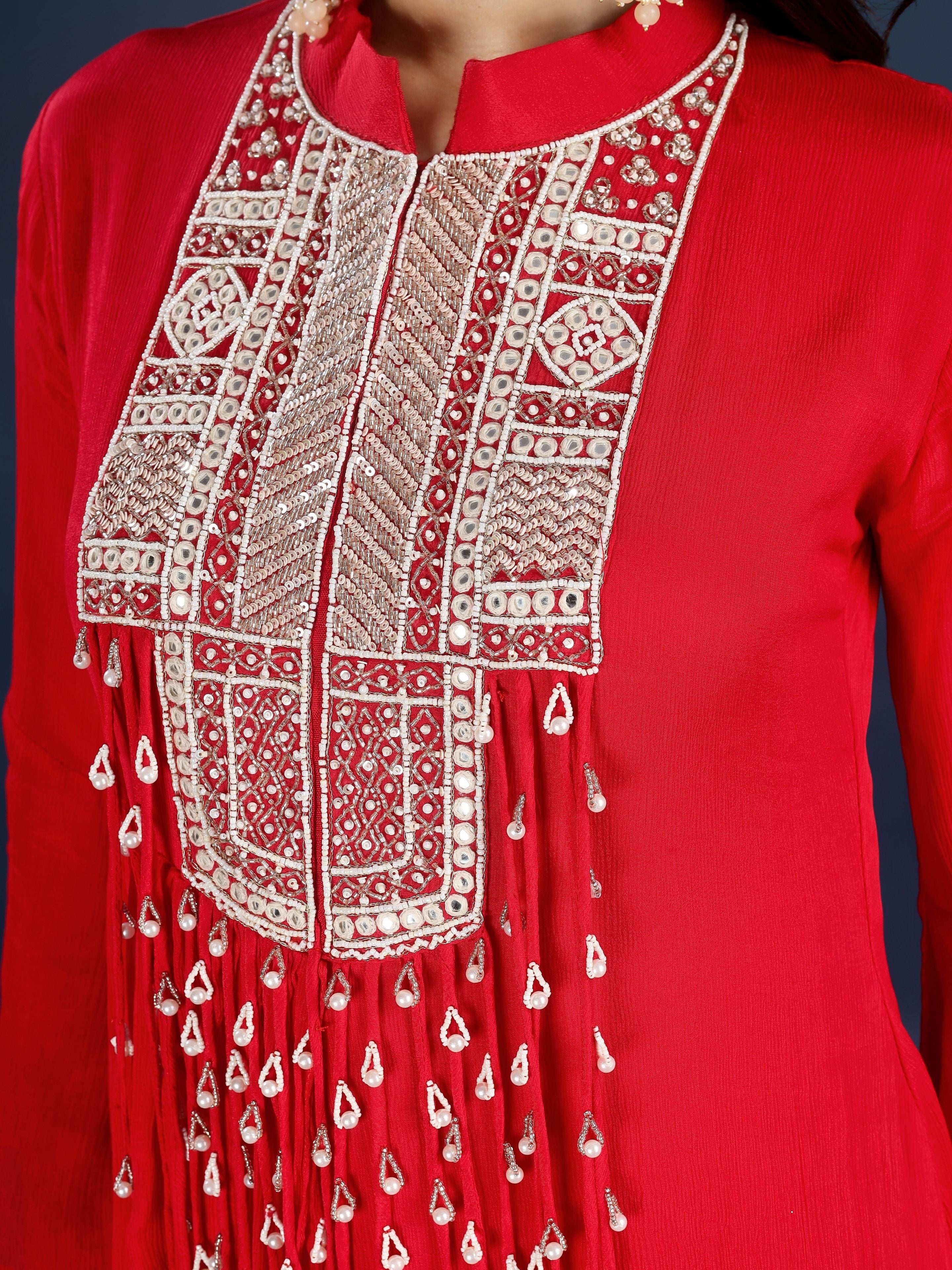 Red Chinon Peplum Suit Set with Cutdana, Sequins and Pearl Embroidery