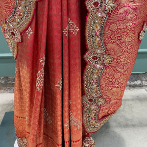 Rani Banarasi Silk Unstitched Saree with Dupatta Embellished with Thread & Stone Work