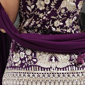 Purple Georgette Indowestern Top and Bottom with Resham,Cutdana, Pearl and Sequins Work and Dupatta