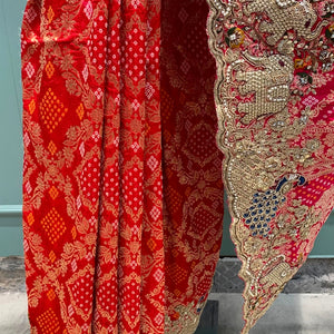 Red Silk Saree Embellished With Sequins, Zari & Cut Dana Work