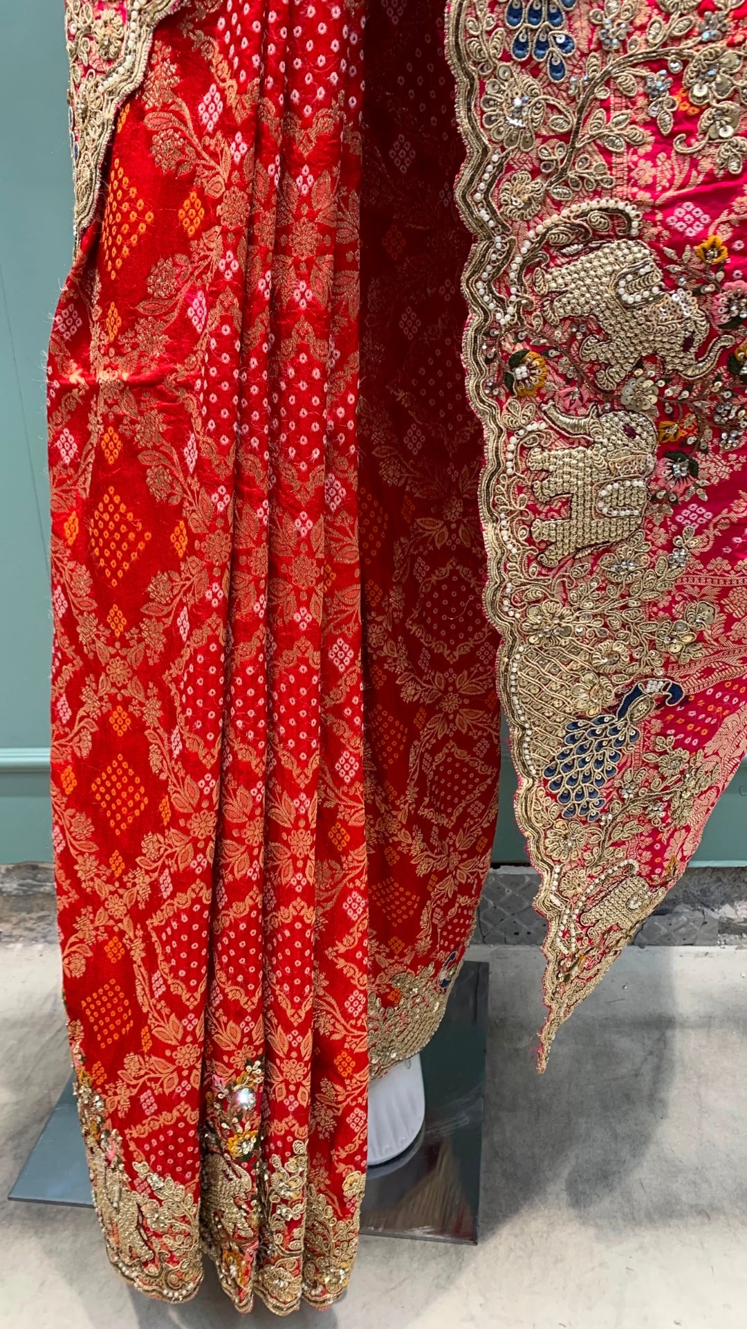 Red Silk Saree Embellished With Sequins, Zari & Cut Dana Work