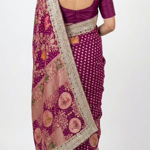 Red Georgette Unstitched Saree with Zari, Cutdana & Sequins Work and Heavy Lace Border