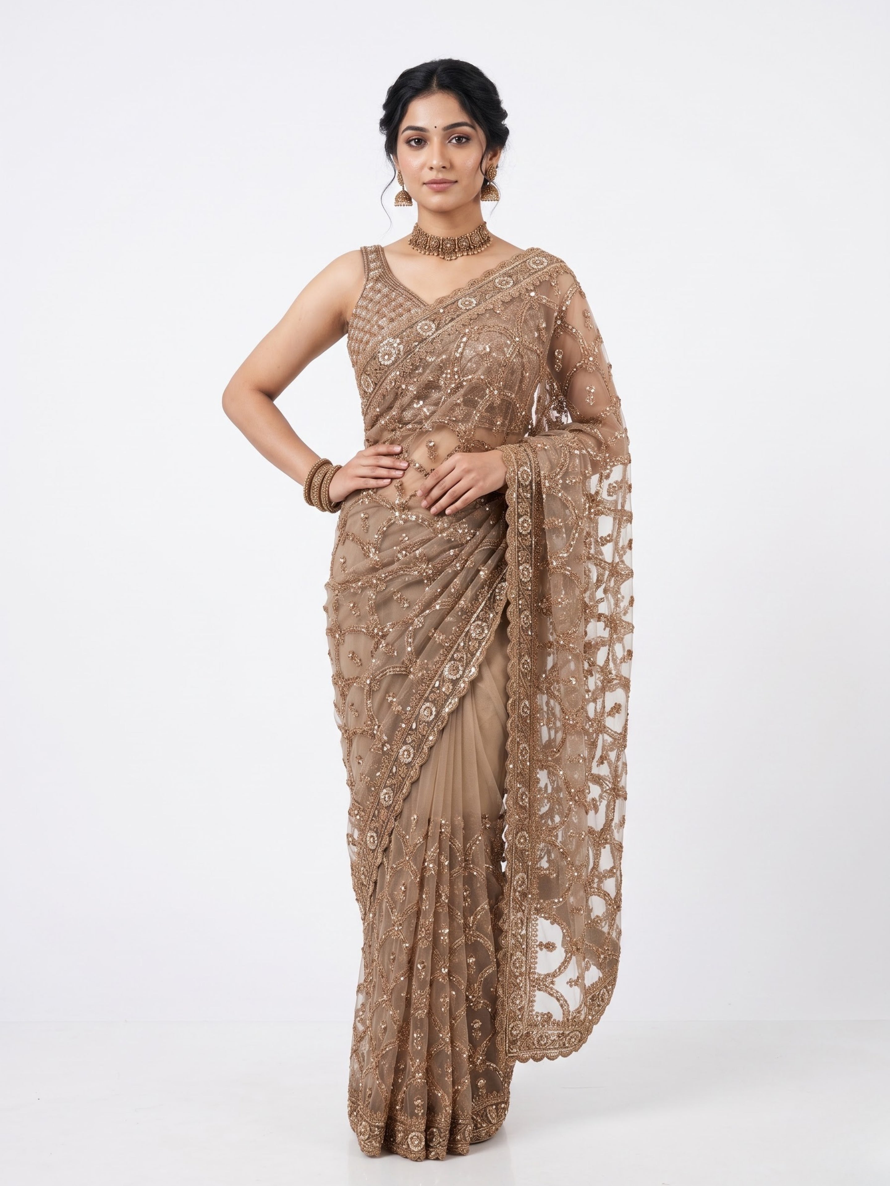 Net Saree Embellished With Cutdana, Sequins & Pearl Work