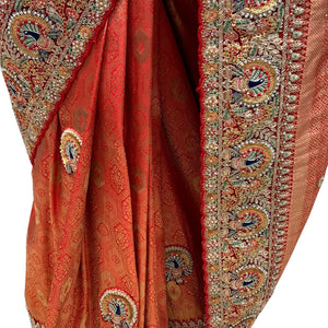 Orange Banarasi Silk Unstitched Saree with Dupatta Embellished with Moti & Zari Work