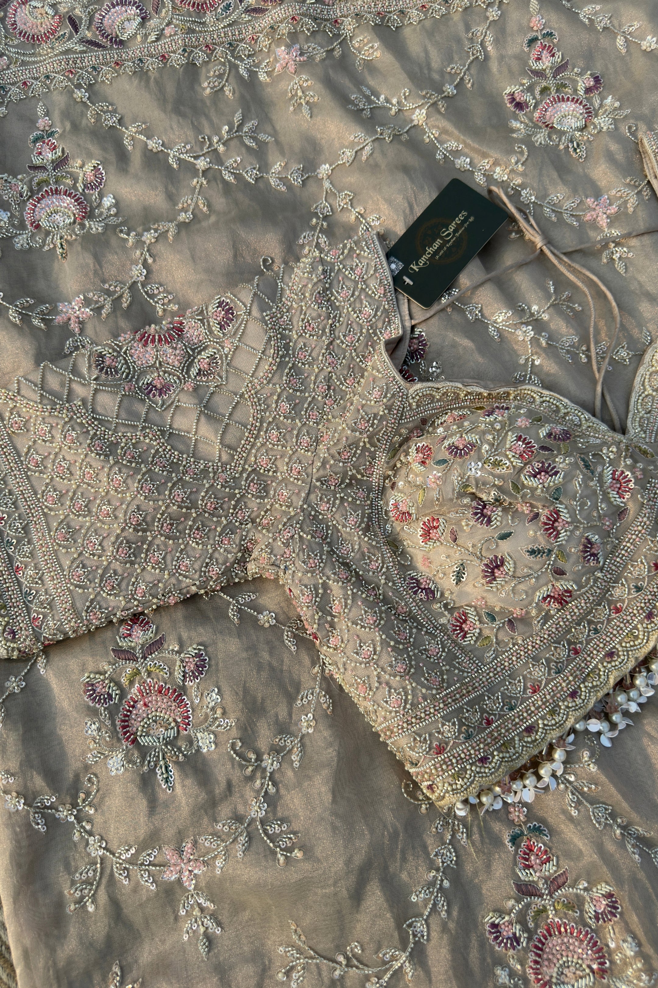 Tussar Tissue Saree Embellished With Sequins & Cut Dana Work