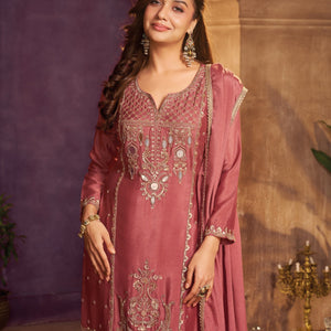 Rose Pink Chinon Suit, Sharara And Dupatta with Zari, Cutdana, Sequins and Mirror Work
