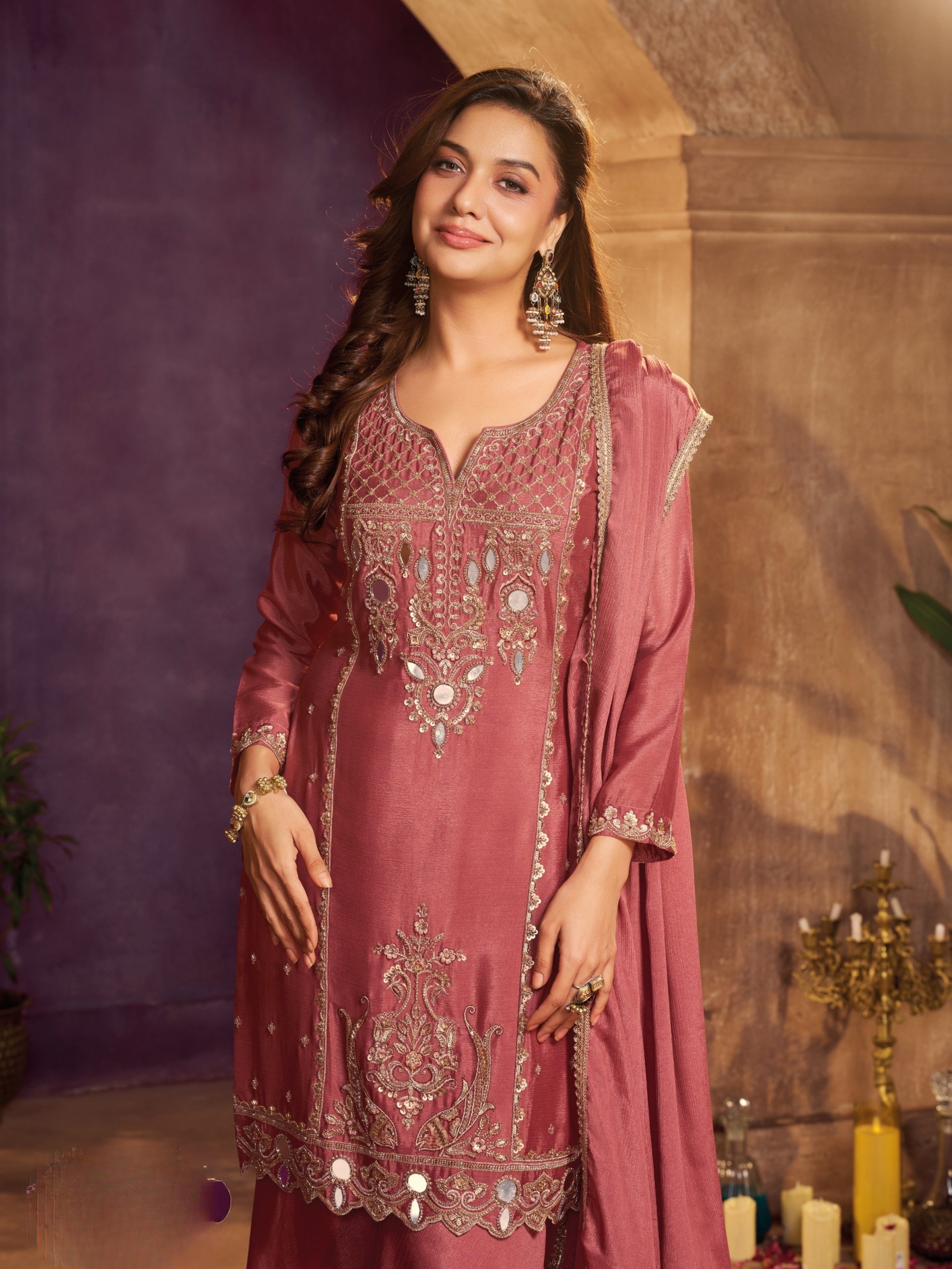 Rose Pink Chinon Suit, Sharara And Dupatta with Zari, Cutdana, Sequins and Mirror Work