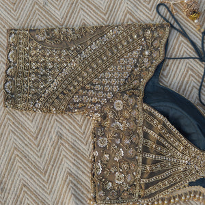 Dusty Brown Green Tissue Saree Embellished With Moti, Sequins & Cut Dana Work