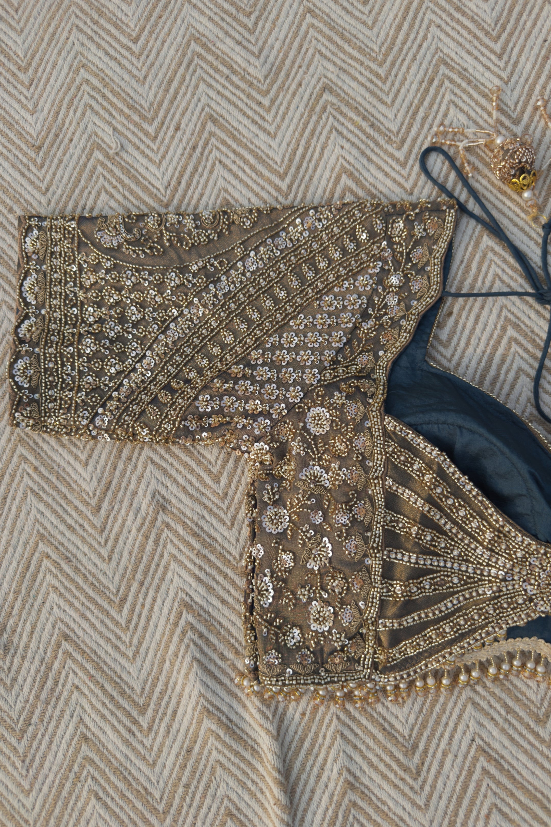 Dusty Brown Green Tissue Saree Embellished With Moti, Sequins & Cut Dana Work