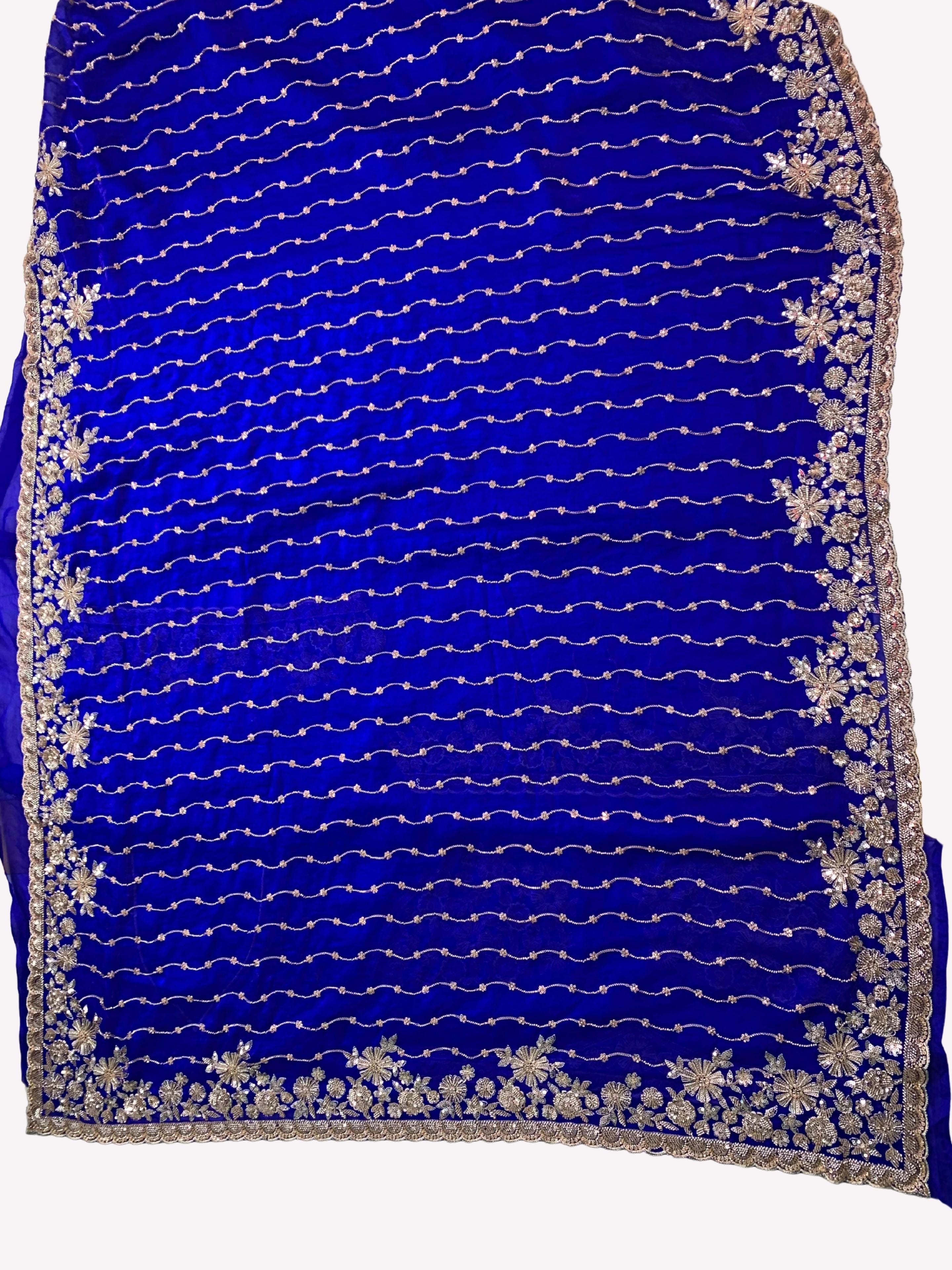 Blue Tissue Unstitched Saree Embellished With Sequins, Cutdana & Zari Work