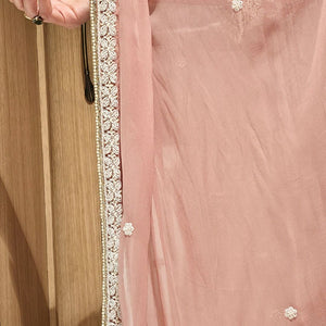 Peach Georgette Indowestern Top and Bottom with Pearl and Thread Work with Dupatta