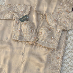 Fawn Tissue Saree Embellished With Zari, Sequins & Cut Dana Work
