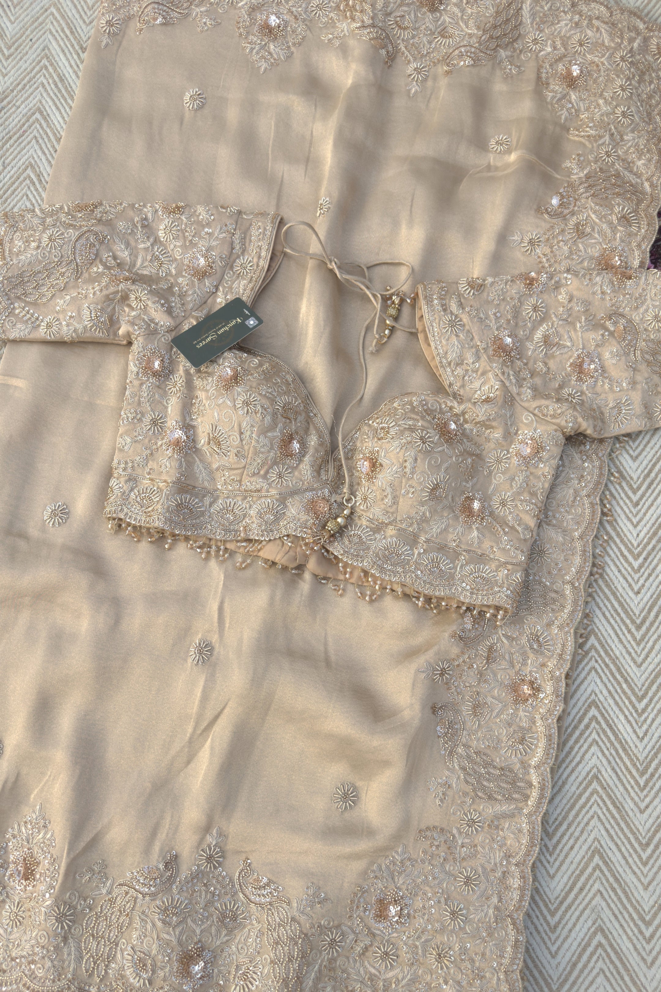 Fawn Tissue Saree Embellished With Zari, Sequins & Cut Dana Work