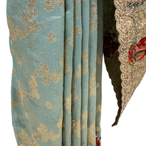 Sage Green Pure Tissue Banarasi Unstitched Saree with Sequins, Zari, Moti & Dori Work